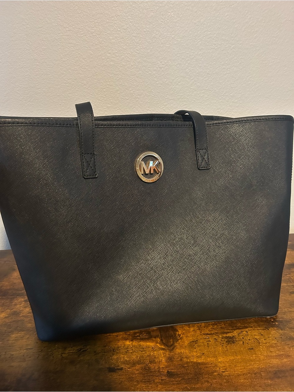 Michael Kors Black/Dark Navy Leather Tote with Gold MK Accent